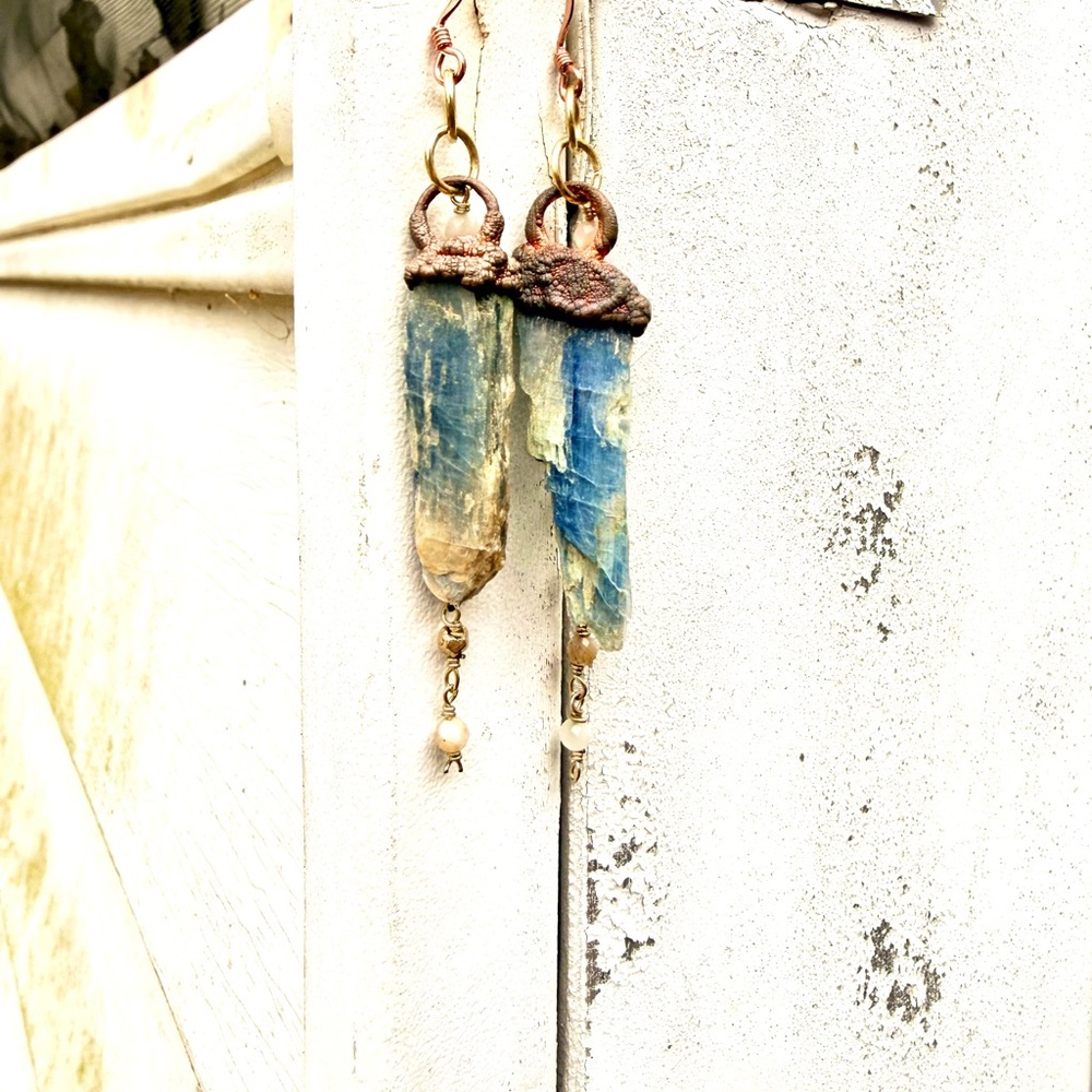 Electroplated Kyanite Blue and Gold Earrings